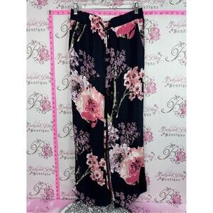 B young navy Black Wide-Leg Floral Palazzo Pants with Pink Blooms